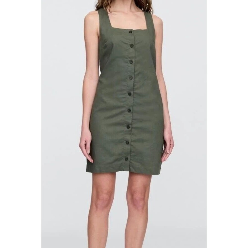 NEW Gap Button Front Linen Blend Dress Thyme Green Pockets Large Fully Lined